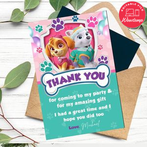 Skye And Everest Thank You Card Customizable Template To Print At Home Instant Download