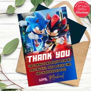 Sonic 3 Thank You Card Customizable Template To Print At Home Instant Download