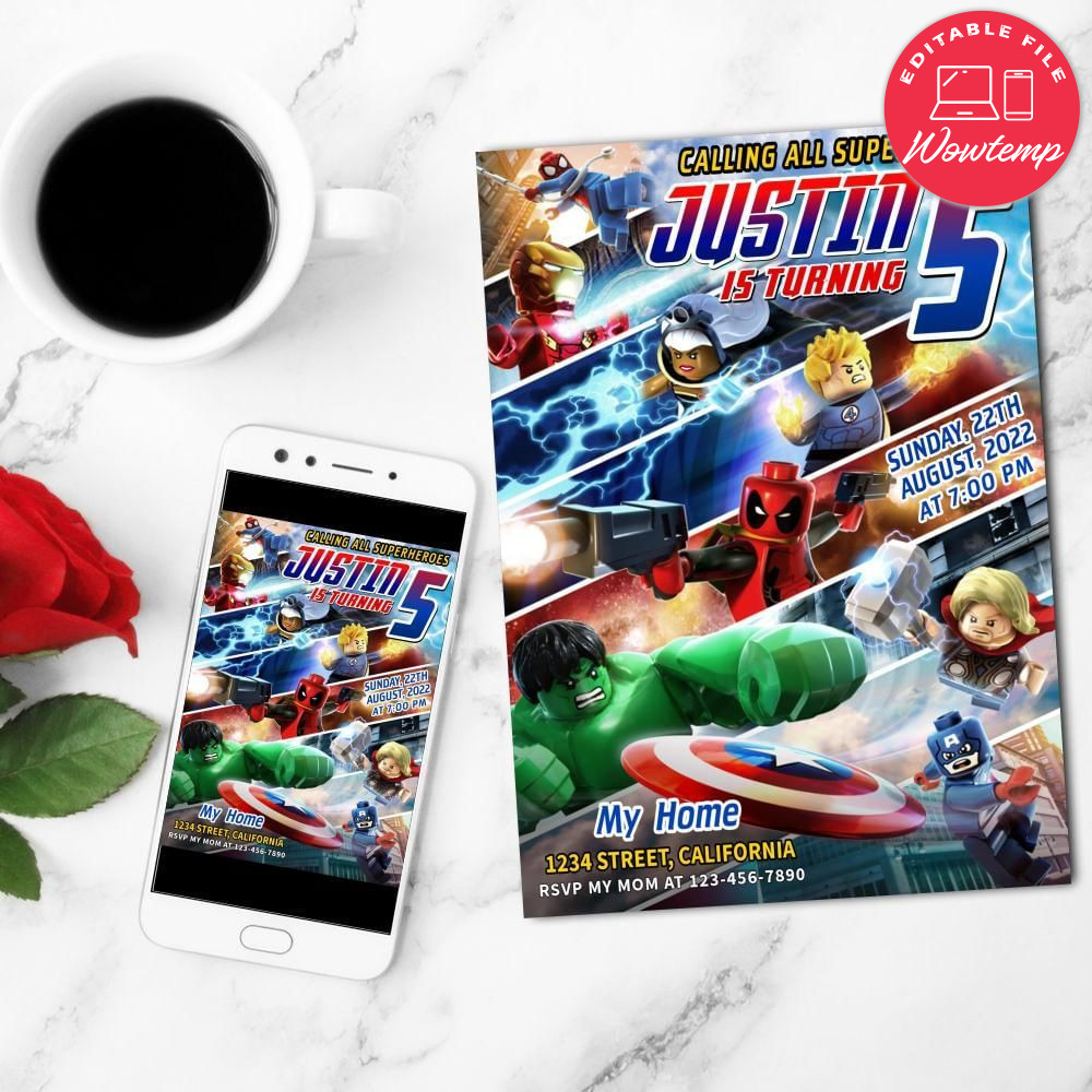 Lego Marvel Super Heroes Birthday Flyer Customizable Template to Print at Home Instant Download