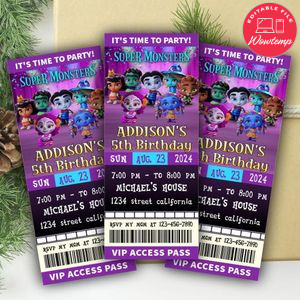 Super Monster Ticket Invitation Customizable Template Instant Download