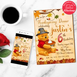 Winnie The Pooh Thanksgiving Birthday Invitation Customizable Template to Print at Home Instant Download