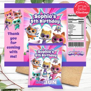 Super Kitties Birthday Honey Buns Snack Bag Label Customizable Instant Download