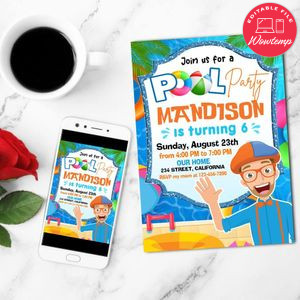 Blippi Pool Party Mobile Invite Customizable Template Instant Download
