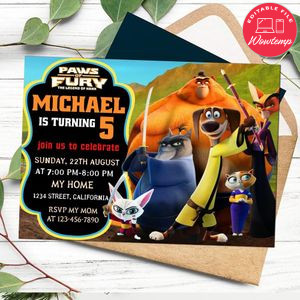 Paws of fury Birthday Flyer Customizable Template to Print at Home Instant Download