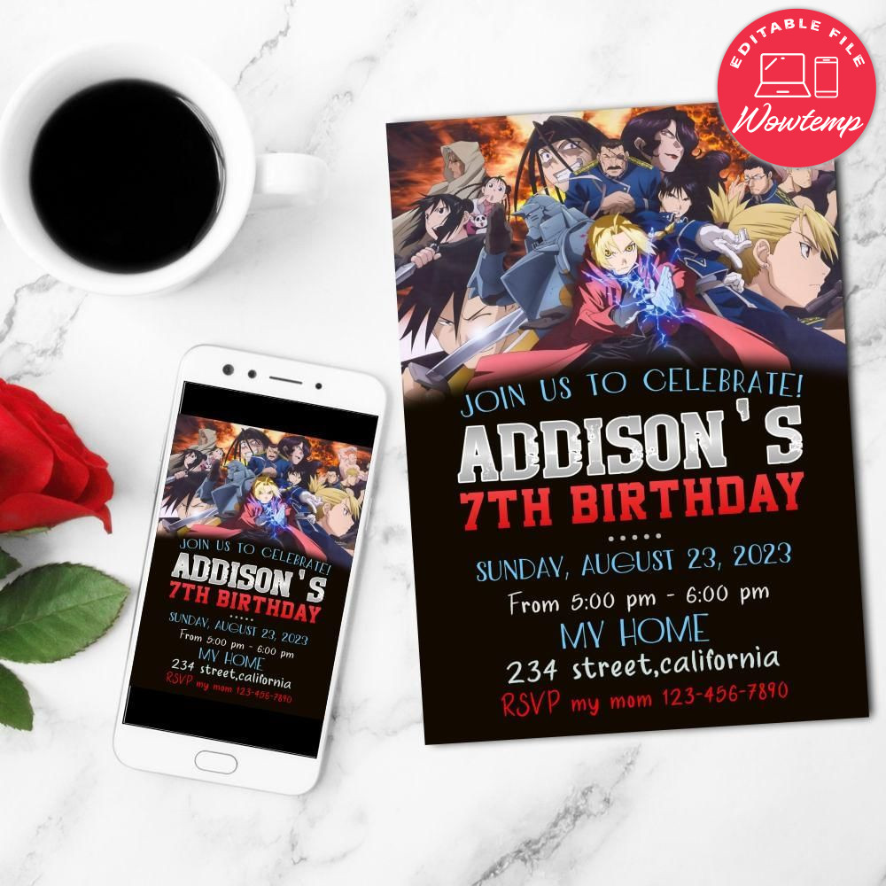 Fullmetal Alchemist Birthday Flyer Customizable Template to Print at Home Instant Download