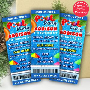 Pool Party Ticket Invitation Customizable Template Instant Download