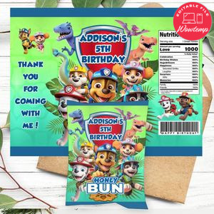 Dino Rescue Birthday Honey Buns Snack Bag Label Customizable Instant Download