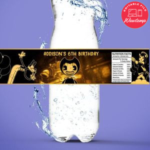 Bendy Birthday Water Bottle Label Template to Print at Home Instant Download