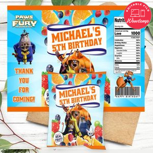 Paws Of Fury Birthday Party Fruit Snack Bag Digital File Printable Instant Download