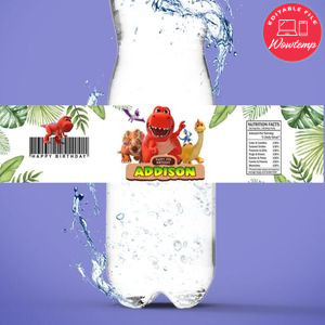 Little Dino School Bottle Label Birthday Water Bottle Label Template to Print at Home Instant Download