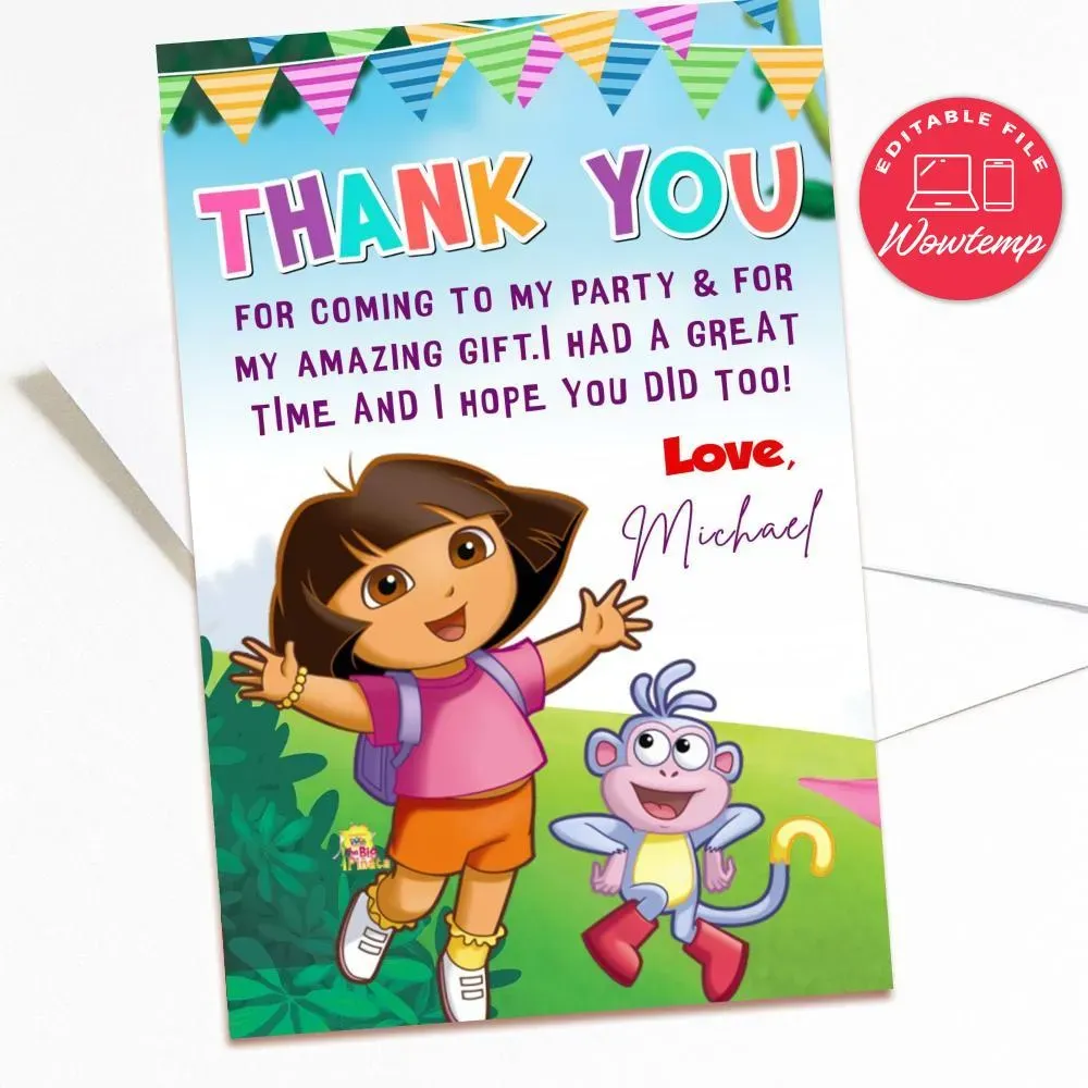 Dora The Explorer Thank You Card Customizable Template DIY | Wowtemp