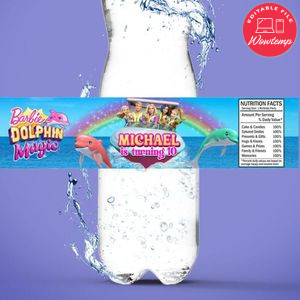 Barbie Dolphin Magic Birthday Water Bottle Label Template to Print at Home Instant Download