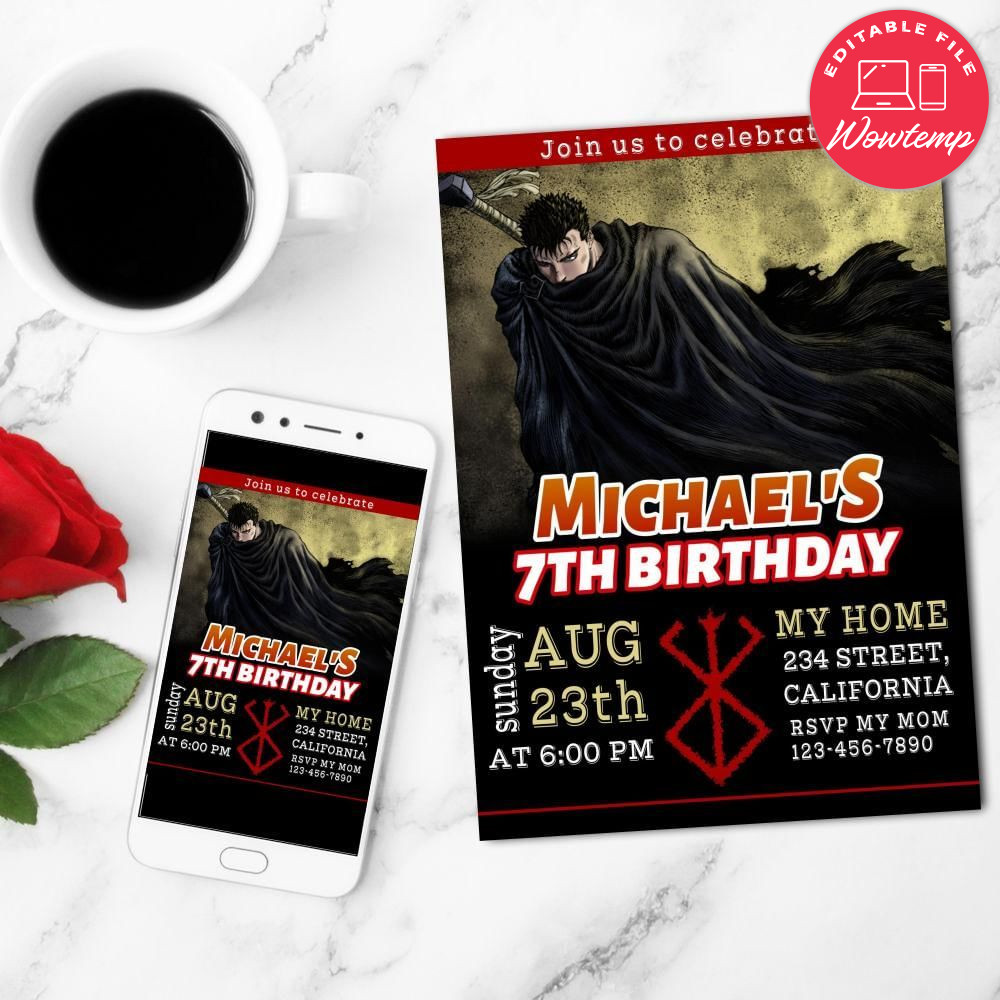 Berserk Birthday Flyer Customizable Template to Print at Home Instant Download