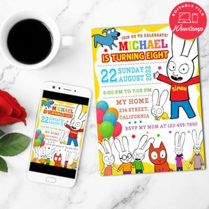 Simon The Rabbit Birthday Invitation Customizable Template to Print at Home Instant Download