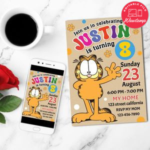 Garfield Birthday Mobile Invite Customizable Template Instant Download