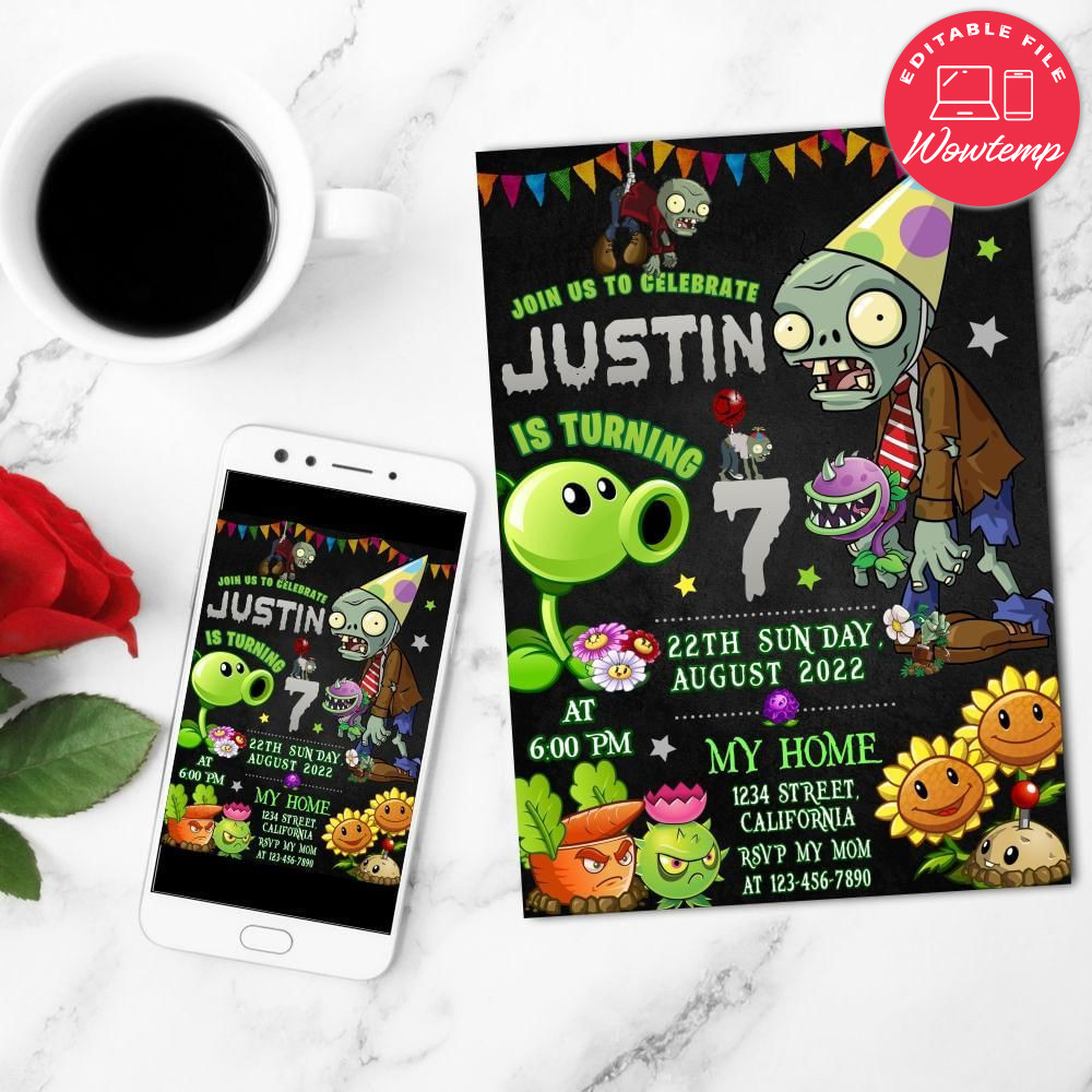 Plants versus zombies Birthday Flyer Customizable Template to Print at Home Instant Download