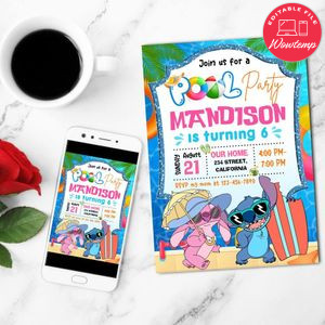 Stitch And Angel Pool Party Mobile Invite Customizable Template Instant Download