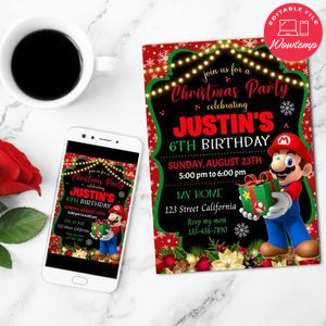 Mario Bros Christmas Birthday Party Invitation Customizable Template to Print at Home Instant Download