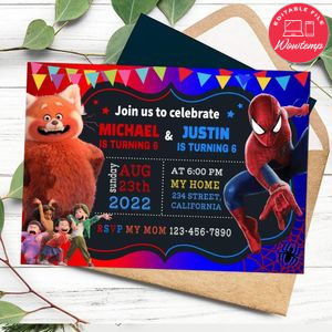 Turning red and Spiderman Invitation Customizable Template to Print at Home Instant Download