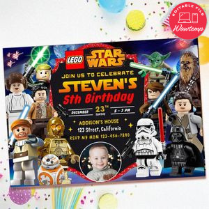 Lego star wars Birthday Invitation with Photo Customizable Template to Print at Home Instant Download