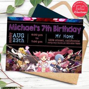 Puella Magi Madoka Magica Birthday Flyer Customizable Template to Print at Home Instant Download