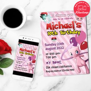 Pokemon/mew Birthday Party Mobile Invite Customizable Template Instant Download