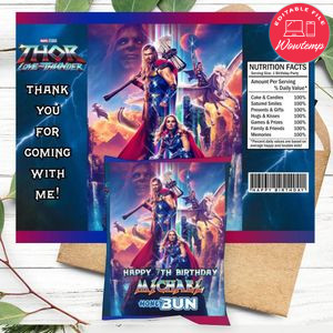 Thor Love And Thunder Birthday Honey Buns Snack Bag Label Customizable Instant Download