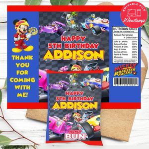 Mickey Roadster Racers Birthday Honey Buns Snack Bag Label Customizable Instant Download