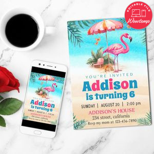 Flamingo beach Invitation Customizable Template to Print at Home Instant Download
