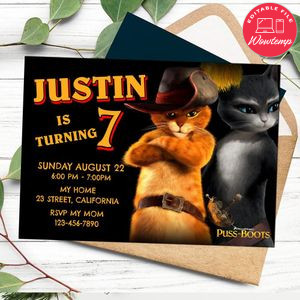 Puss in Boots Invitation Customizable Template to Print at Home Instant Download