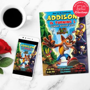Crash bandicoot Birthday Invitation Customizable Template to Print at Home Instant Download