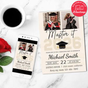 Masters Degree Invitation Customizable Template to Print at Home Instant Download