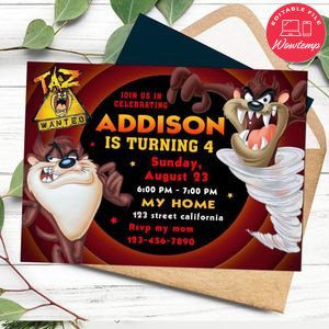 Tasmanian Devil Birthday Invitation Customizable Template to Print at Home Instant Download