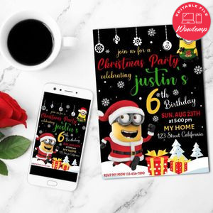 Minions Christmas Birthday Party Invitation Customizable Template to Print at Home Instant Download