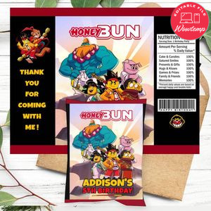 Monkie Kid Birthday Honey Buns Snack Bag Label Customizable Instant Download