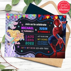 Barbie Mermaid and Spiderman Invitation Customizable Template to Print at Home Instant Download