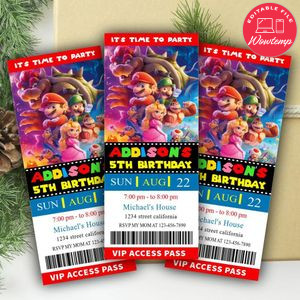 Super Mario Bros Ticket Invitation Customizable Template Instant Download
