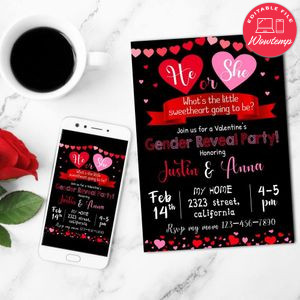 Valentine's Day Gender Reveal Mobile Invite Customizable Template Instant Download