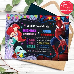 Little Mermaid and Spiderman Invitation Customizable Template to Print at Home Instant Download