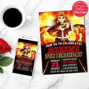 Demon Slayer Rengoku Birthday Mobile Invite Customizable Template Instant Download