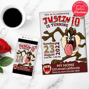 Tasmania Devil Birthday Mobile Invite Customizable Template Instant Download