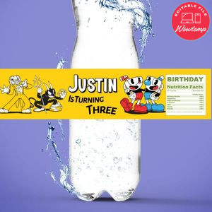 Cuphead Birthday Water Bottle Label Template to Print at Home Instant Download