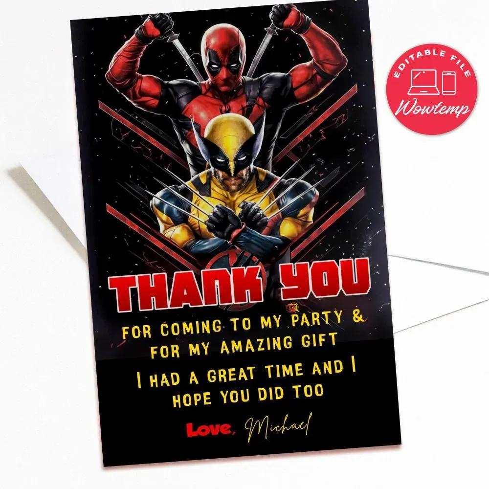 Deadpool & Wolverine Thank You Card Customizable Template DIY | Wowtemp