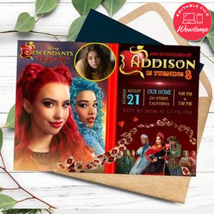 Descendants rise of the red Birthday Invitation with Photo Customizable Template to Print at Home Instant Download