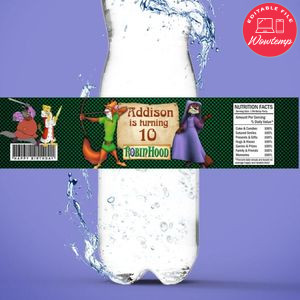 Robin hood Birthday Water Bottle Label Template to Print at Home Instant Download
