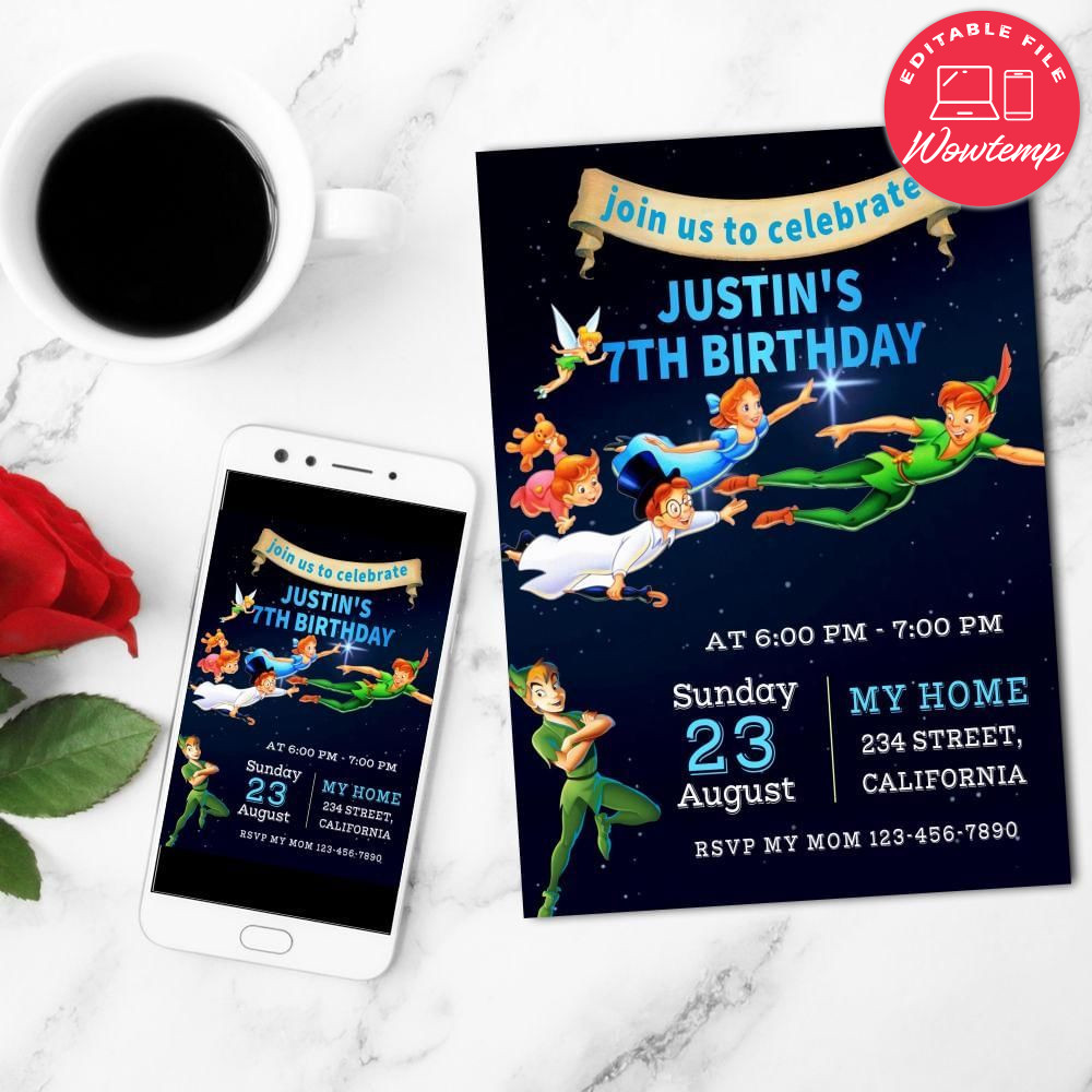 Peter Pan Classic Birthday Flyer Customizable Template to Print at Home Instant Download