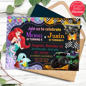Little Mermaid and Monster Truck Invitation Customizable Template to Print at Home Instant Download