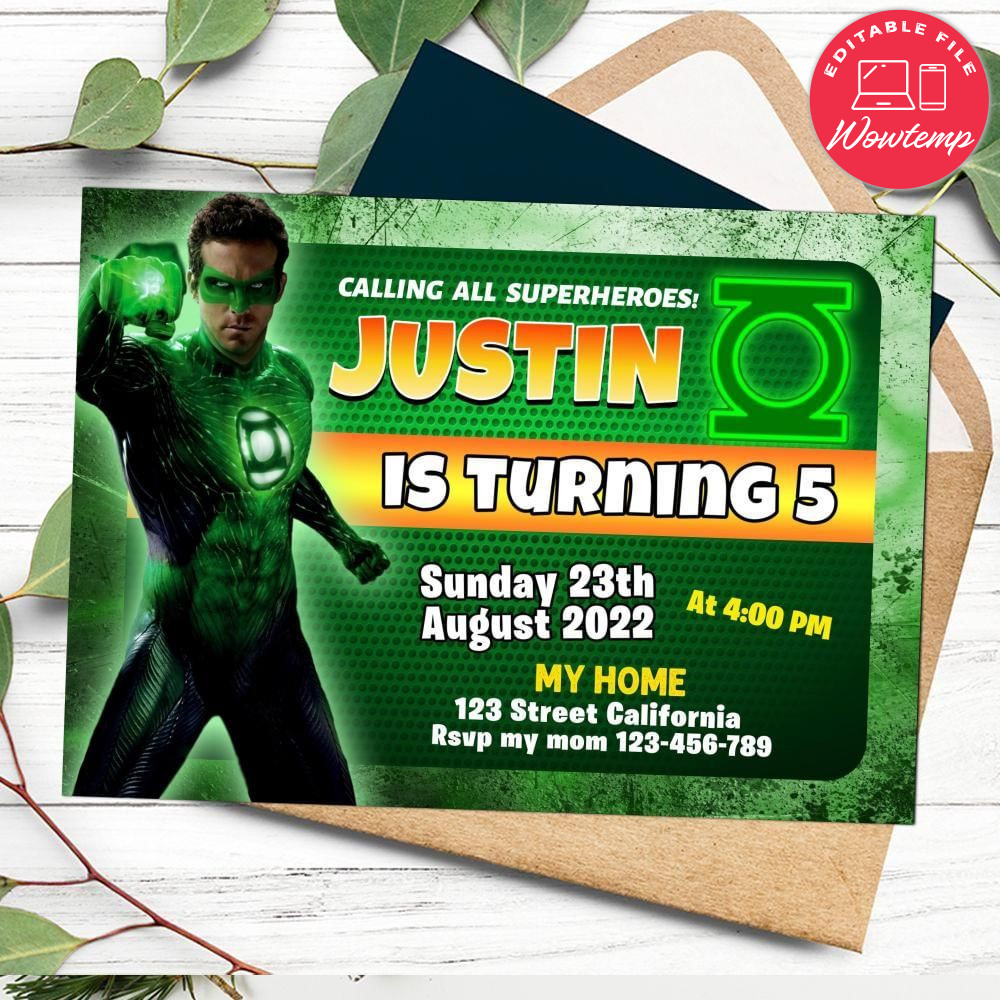 Green Lantern Birthday Flyer Customizable Template to Print at Home Instant Download