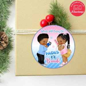 Fades Or Braids Gender Reveal Circle Sticker Template Customizable To Print At Home Instant Download