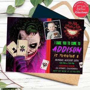 Joker Birthday Invitation with photo Customizable Template to Print at Home Instant Download